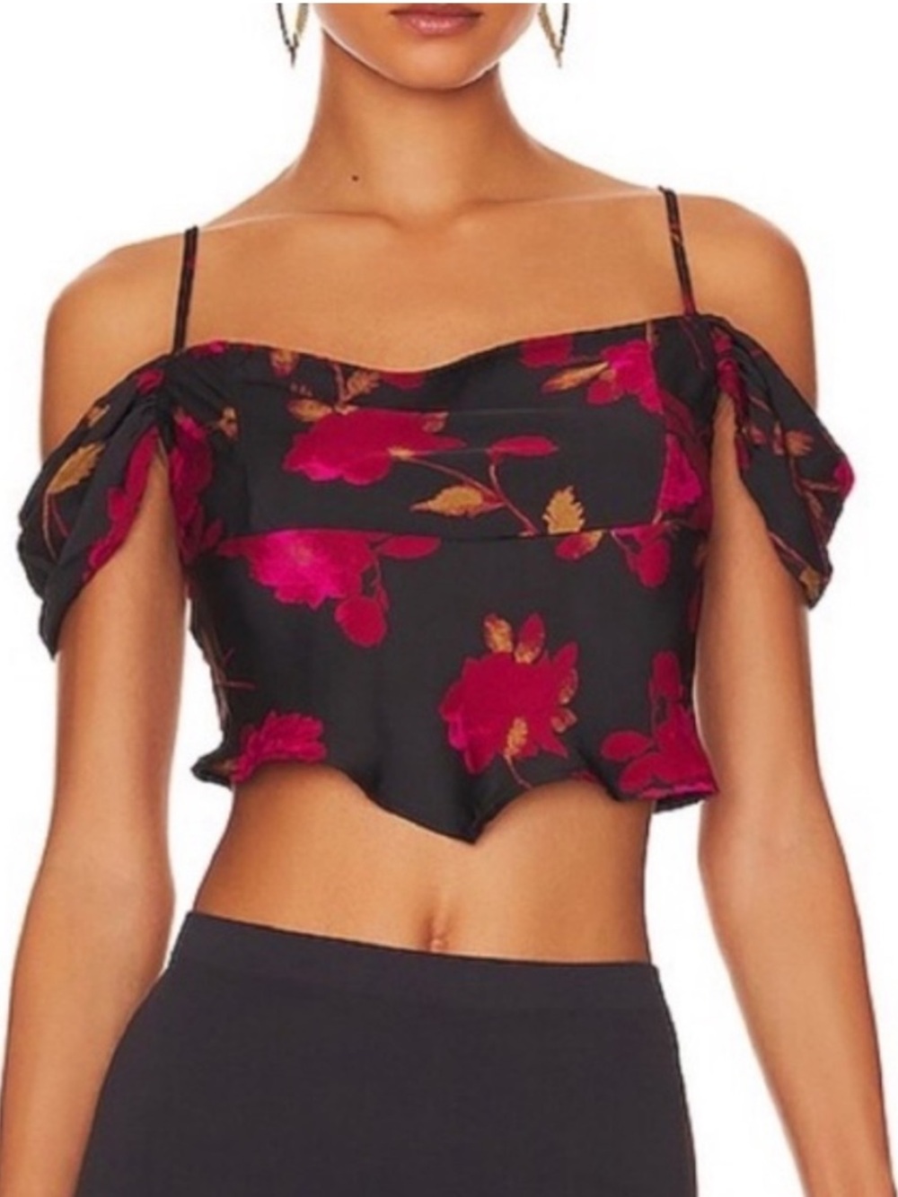 FREE PEOPLE Cassandra Black Floral Off-Cold-Shoulder Crop Top Pink Gold Flowers